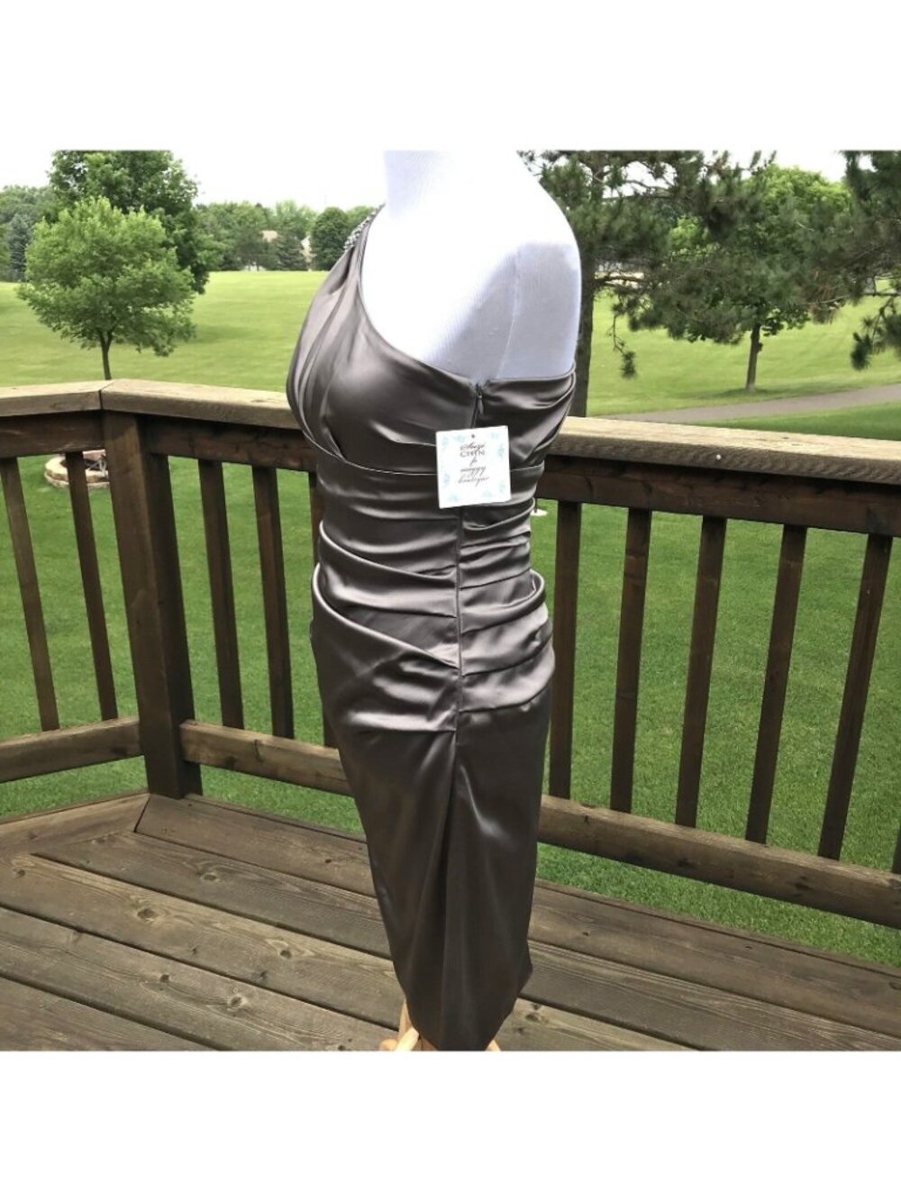 Suzi Chin Maggy One Shoulder Sheath Formal Dress Size 2 Taupe Ruched Embellished - Picture 8 of 12